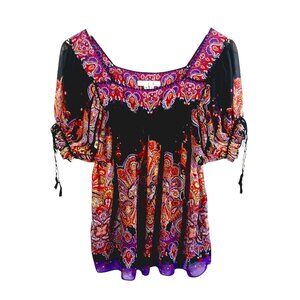 ICE, Vintage Boho Top, Size 10, Black with Multi colored Print, Sheer, Festival